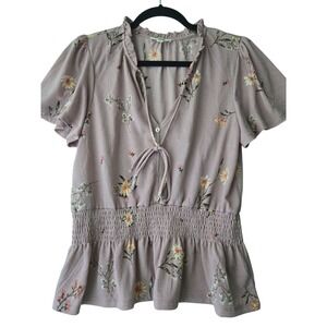 Meraki Women's Top Size Large Floral Print Tie Neck Smocked Waist Pink‎